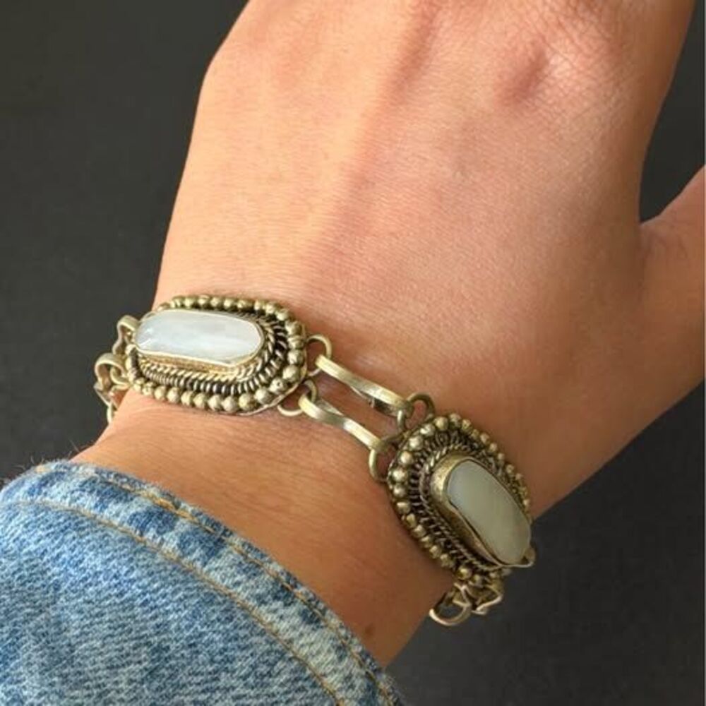 Vintage Handmade Mother of Pearl Mixed Metal Bracelet 7”|Artisan Boho Statement